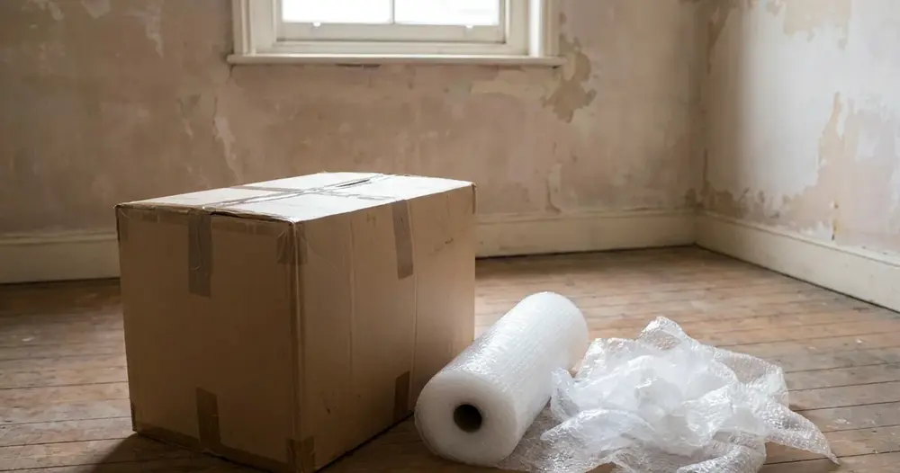 caixa de papelão grande e plástico bolha em cômodo vazio
