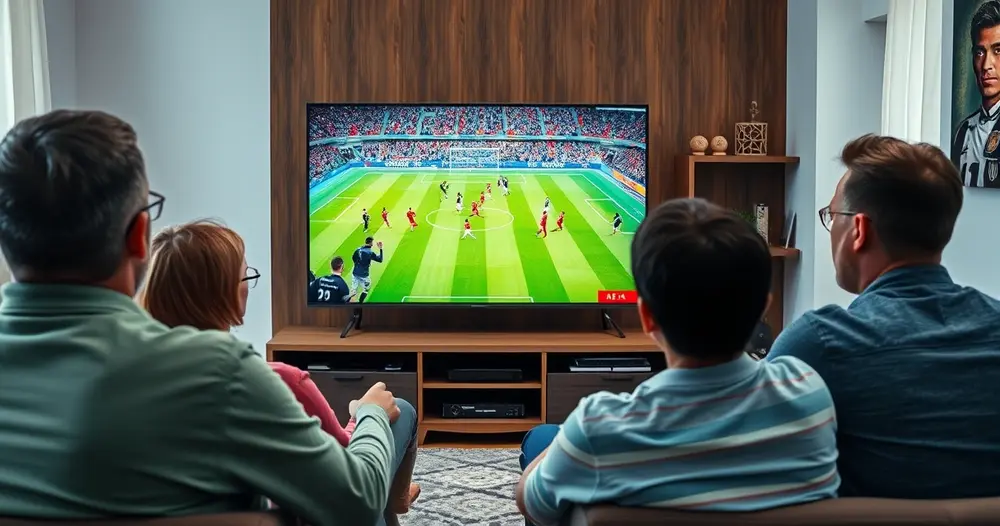 torcedores assistindo partida de futebol internacional na televisão da sala